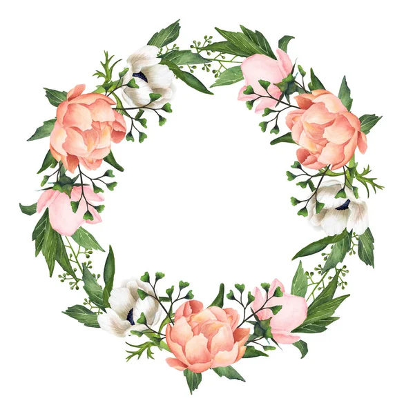 Hand-painted Watercolor Anemones And Peonies Wreath — Stock Photo, Image