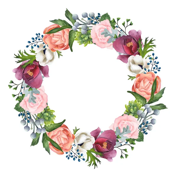 Hand-painted Watercolor Roses, Anemones And Peonies Wreath — Stock Photo, Image