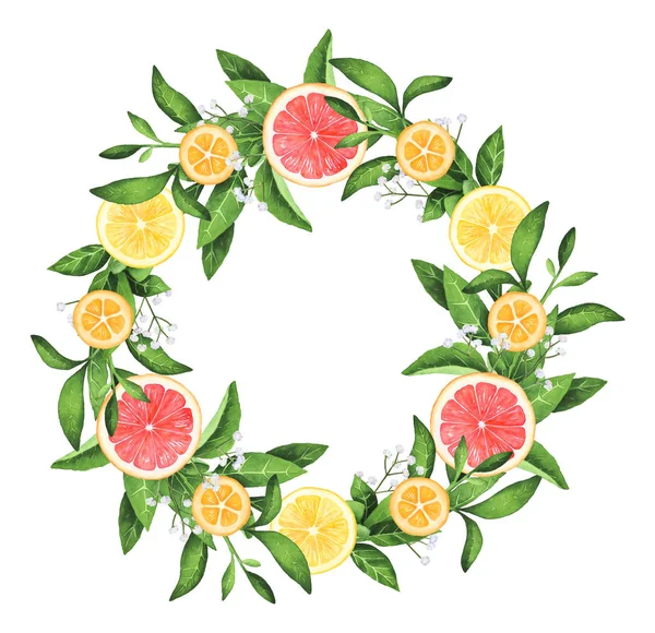 Акварельные лимоны и Грейпфрутовый венок ручной работы — стоковое фото