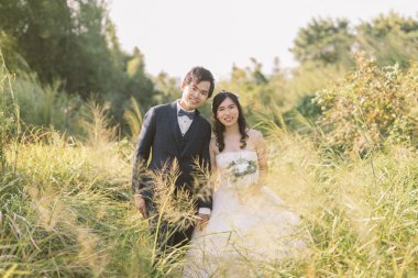 Mutlu gelin ve damat el ele tutuşup güneşli bir günde çayırlar arasında poz veriyorlar. Düğün kavramı.