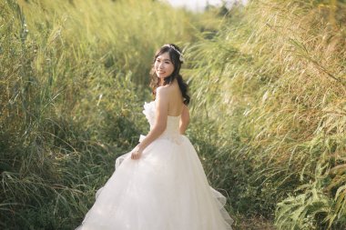 Güneşli bir günde yaz çayırında poz veren beyaz gelinlik içindeki güzel gelinin arka manzarası.   