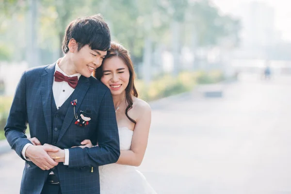 Happy Bride Groom Smiling Embracing Outdoor Wedding Concept — Stock Photo, Image