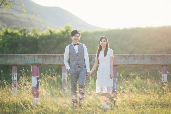 Couple Amoureux Tenant Main Marchant Ensemble Prairie Été Image En Vente