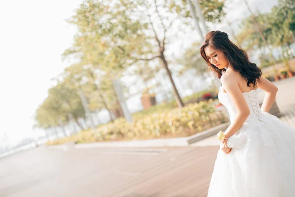 Back View Beautiful Bride White Wedding Dress Walking Park Summer Stock Picture