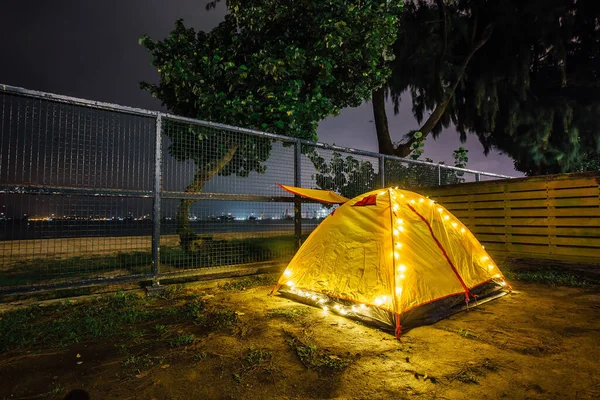 Illuminated Yellow Camping Tent Night — Stock Photo, Image