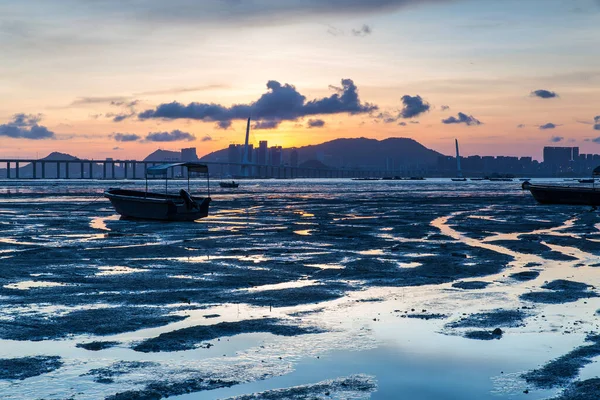 Sonnenuntergang Hongkong Mit Booten Stockfoto