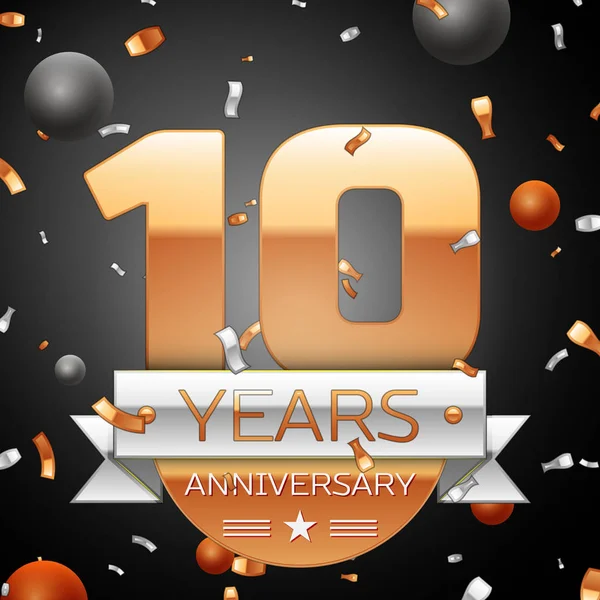 Deset let výročí oslav pozadí s konfety stříbrné stuhy a kruhy. Výročí pásu. Vektorové ilustrace. — Stockový vektor