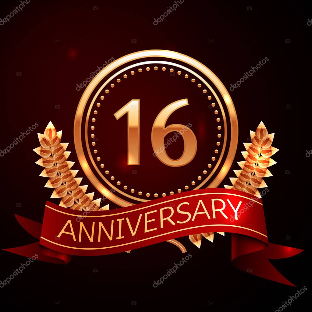 Sixteen years anniversary celebration with golden ring and ribbon.