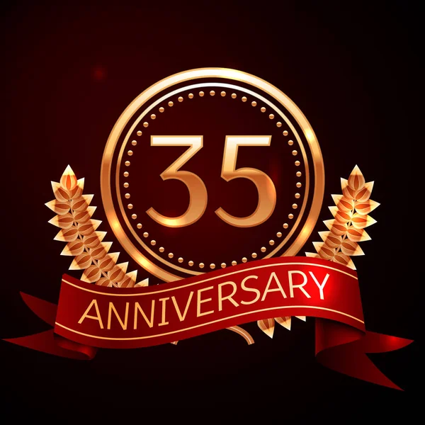 Thirty five years anniversary celebration with golden ring and ribbon. — Stock Vector