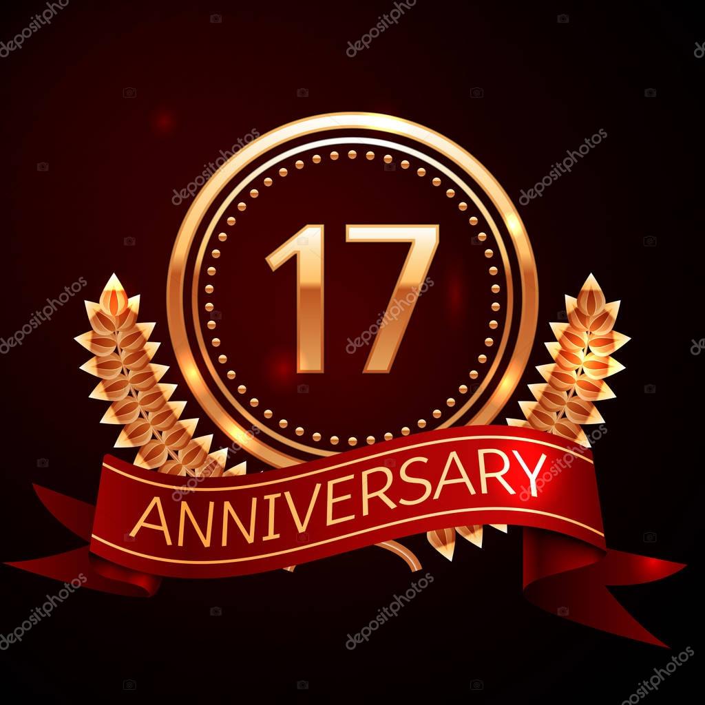 Seventeen years anniversary celebration with golden ring and ribbon.