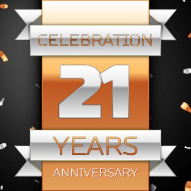 Yirmi bir yıl yıldönümü kutlama altın ve gümüş arka plan. Yıldönümü şerit