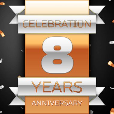 Sekiz yıl yıldönümü kutlama altın ve gümüş arka plan. Yıldönümü şerit