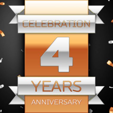 Dört yıl yıldönümü kutlama altın ve gümüş arka plan. Yıldönümü şerit