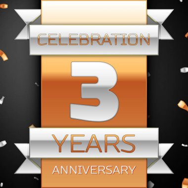 Üç yıl yıldönümü kutlama altın ve gümüş arka plan. Yıldönümü şerit