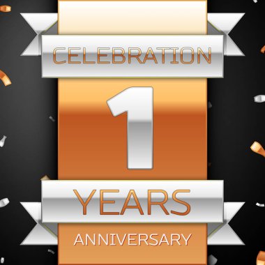 Bir yıl yıldönümü kutlama altın ve gümüş arka plan. Yıldönümü şerit