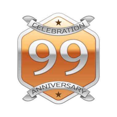 Doksan dokuz yıl yıldönümü kutlama gümüş logosu ile gümüş şerit ve beyaz zemin üzerine altın altıgen süsleme.