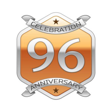 Doksan altı yıl yıldönümü kutlama gümüş logosu ile gümüş şerit ve beyaz zemin üzerine altın altıgen süsleme.