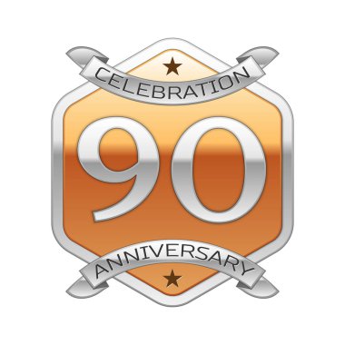 Gümüş şerit ve beyaz zemin üzerine altın altıgen süsleme doksan yıl yıldönümü kutlama gümüş logolu.