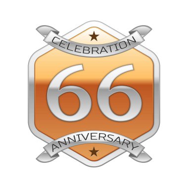 Altmış altı yıl yıldönümü kutlama gümüş logosu ile gümüş şerit ve beyaz zemin üzerine altın altıgen süsleme.