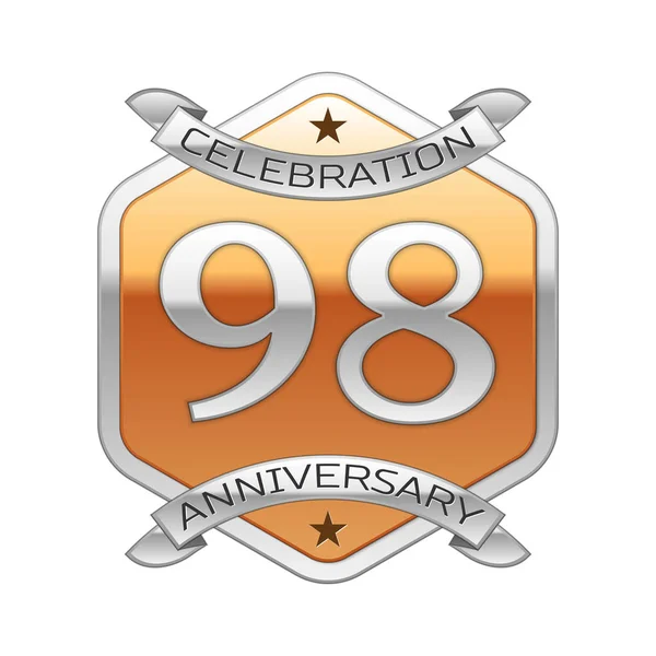 Nittio åtta år anniversary celebration silver logo med silver band och gyllene sexkantiga prydnad på vit bakgrund. — Stock vektor