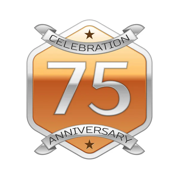 Siedemdziesiąt pięć lat rocznica obchody srebrne logo z wstążki srebrny i złoty ornament sześciokątne na białym tle. — Wektor stockowy