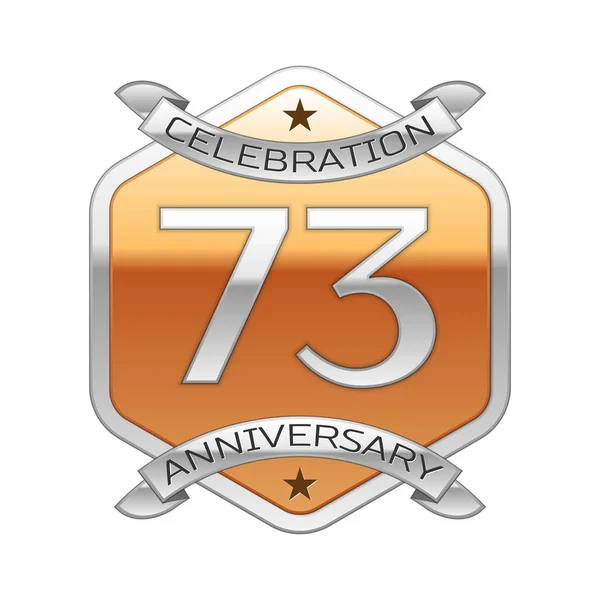 Siedemdziesiąt trzy lata rocznica obchody srebrne logo z wstążki srebrny i złoty ornament sześciokątne na białym tle. — Wektor stockowy