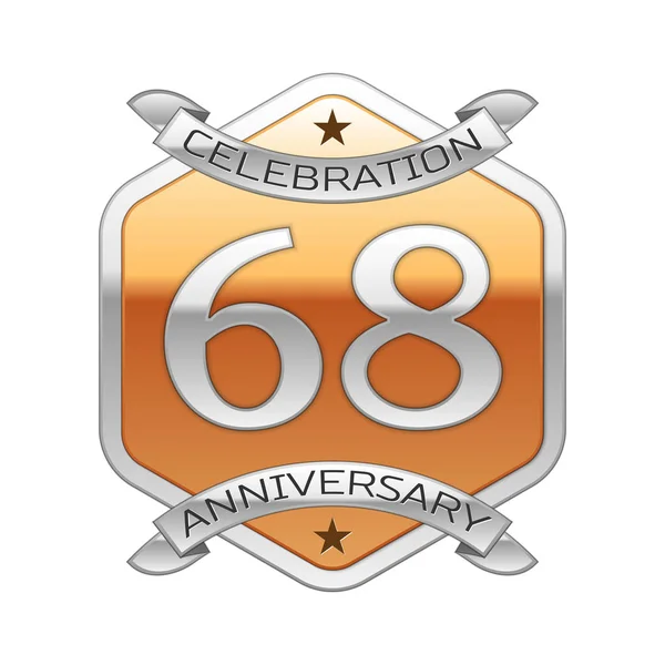 Sixty eight years anniversary celebration silver logo with silver ribbon and golden hexagonal ornament on white background. — Stock Vector