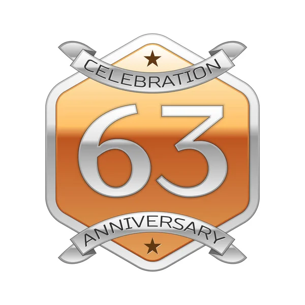 Шестьдесят три года празднования юбилея серебряный логотип с серебряной лентой и золотым шестиугольным орнаментом на белом фоне . — стоковый вектор