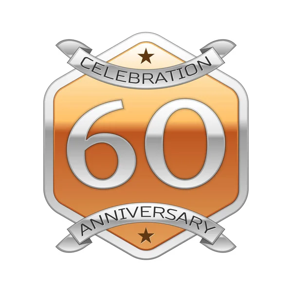 60-летний юбилей празднования серебряного логотипа с серебряной лентой и золотым шестиугольным орнаментом на белом фоне . — стоковый вектор