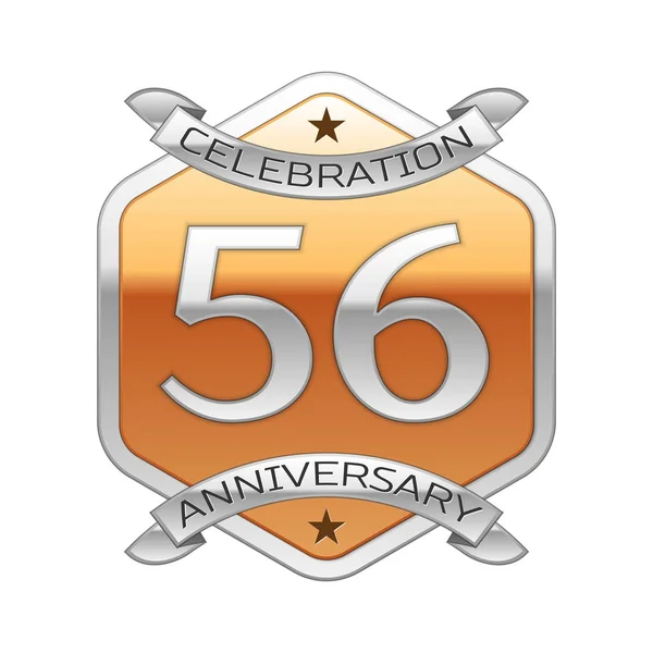 Fifty six years anniversary celebration silver logo with silver ribbon and golden hexagonal ornament on white background. — Stock Vector