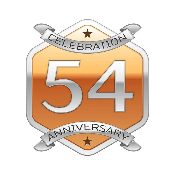 Pięćdziesiąt cztery lata rocznica obchody srebrne logo z wstążki srebrny i złoty ornament sześciokątne na białym tle. — Wektor stockowy