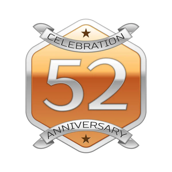 Pięćdziesiąt dwa lata rocznica obchody srebrne logo z wstążki srebrny i złoty ornament sześciokątne na białym tle. — Wektor stockowy