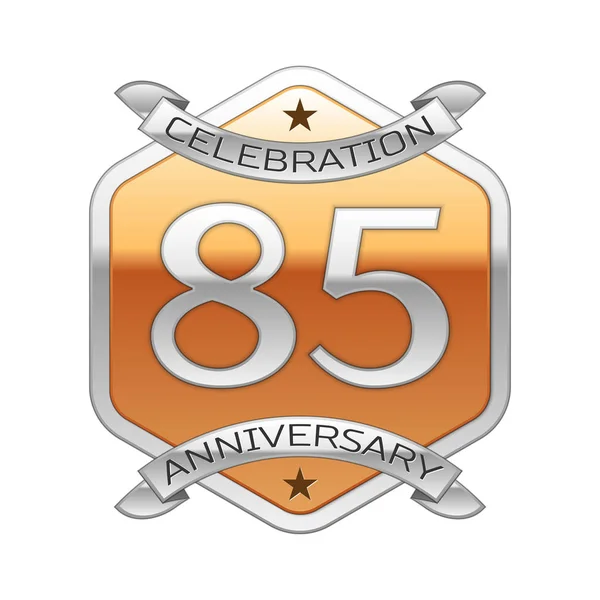 Osiemdziesiąt pięć lat rocznica obchody srebrne logo z wstążki srebrny i złoty ornament sześciokątne na białym tle. — Wektor stockowy