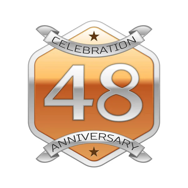 Forty eight years anniversary celebration silver logo with silver ribbon and golden hexagonal ornament on white background. — Stock Vector