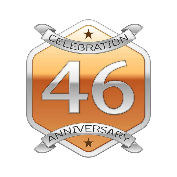 Czterdzieści sześć lat rocznica obchody srebrne logo z wstążki srebrny i złoty ornament sześciokątne na białym tle. — Wektor stockowy