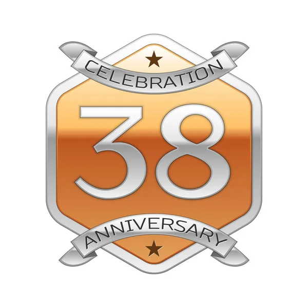 Treinta y ocho años aniversario celebración logotipo de plata con cinta de plata y adorno hexagonal de oro sobre fondo blanco . — Archivo Imágenes Vectoriales
