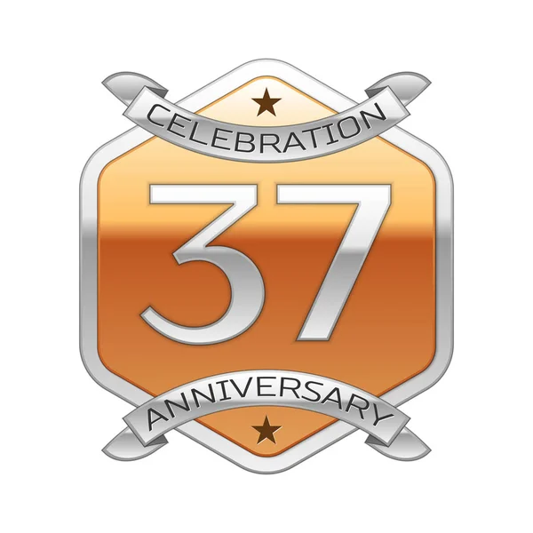 Trzydzieści siedem lat rocznica obchody srebrne logo z wstążki srebrny i złoty ornament sześciokątne na białym tle. — Wektor stockowy