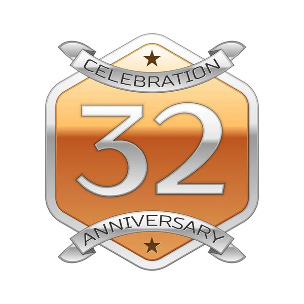 Тридцать два года празднования юбилея серебряный логотип с серебряной лентой и золотым шестиугольным орнаментом на белом фоне . — стоковый вектор