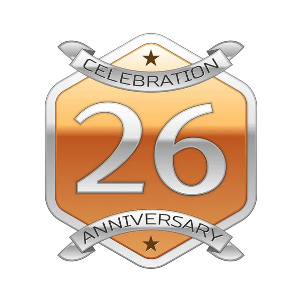 Двадцать шесть лет празднование серебряного логотипа с серебряной лентой и золотым шестиугольным орнаментом на белом фоне . — стоковый вектор