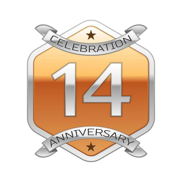 Quatorze anos de celebração de aniversário logotipo de prata com fita de prata e ornamento hexagonal dourado no fundo branco . — Vetor de Stock