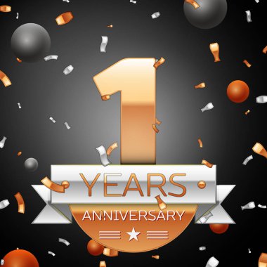 Bir yıl yıldönümü kutlama ve arka plan gümüş şerit konfeti daireler. Yıldönümü şerit. Vektör çizim.