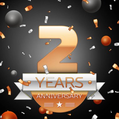 Gümüş şerit konfeti ve daire ile iki yıl yıldönümü kutlama arka plan. Yıldönümü şerit. Vektör çizim.