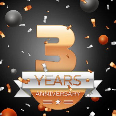 Gümüş şerit konfeti ve daireler ile üç yıl yıldönümü kutlama arka plan. Yıldönümü şerit. Vektör çizim.