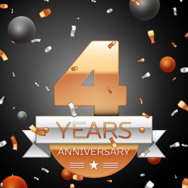Gümüş şerit konfeti ve daireler ile dört yıl yıldönümü kutlama arka plan. Yıldönümü şerit. Vektör çizim.