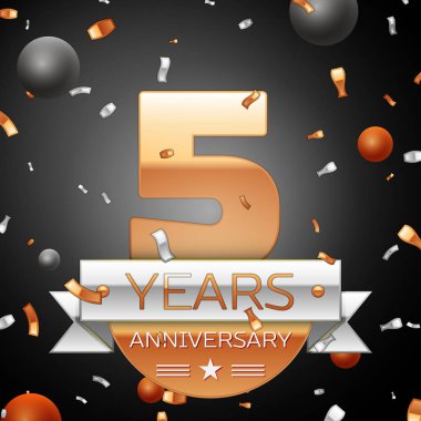Gümüş şerit konfeti ve daireler ile beş yıl yıldönümü kutlama arka plan. Yıldönümü şerit. Vektör çizim.
