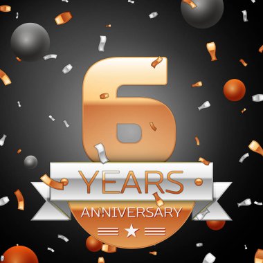 Gümüş şerit konfeti ve daireler ile altı yıl yıldönümü kutlama arka plan. Yıldönümü şerit. Vektör çizim.