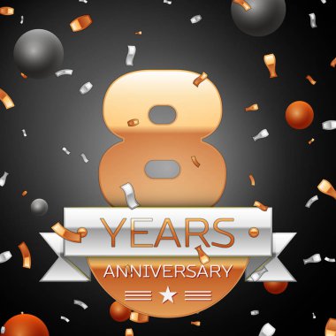 Gümüş şerit konfeti ve daireler ile sekiz yıl yıldönümü kutlama arka plan. Yıldönümü şerit. Vektör çizim.