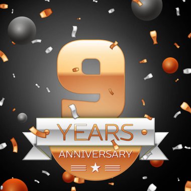 Gümüş şerit konfeti ve daireler ile dokuz yıl yıldönümü kutlama arka plan. Yıldönümü şerit. Vektör çizim.