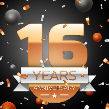 Gümüş şerit konfeti ve daireler ile on altı yıl yıldönümü kutlama arka plan. Yıldönümü şerit. Vektör çizim.