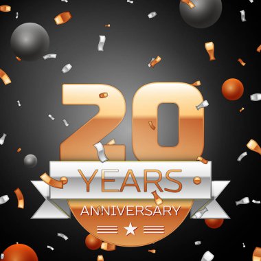 Gümüş şerit konfeti ve daireler ile yirmi yıl yıldönümü kutlama arka plan. Yıldönümü şerit. Vektör çizim.